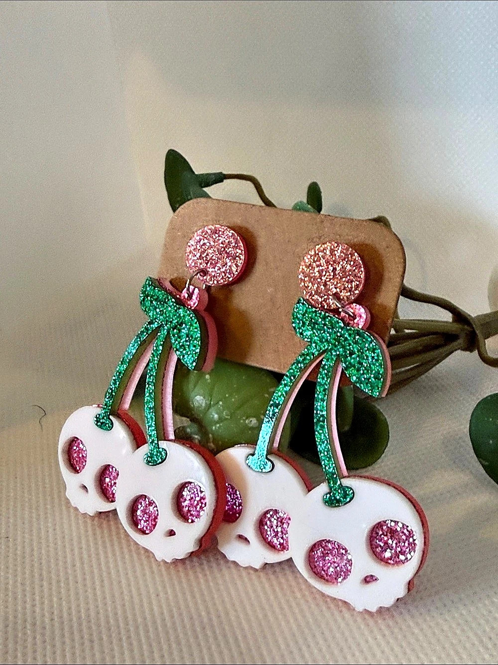 Glitter Glam Cherry Drop Skull post Earrings layered acrylic Pink Green
